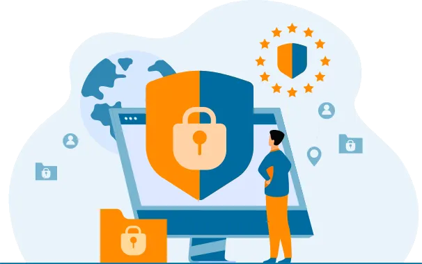 Illustratie van een schild met EU-sterren, symbool voor de Europese NIS2-richtlijn en de Nederlandse Cyberbeveiligingswet