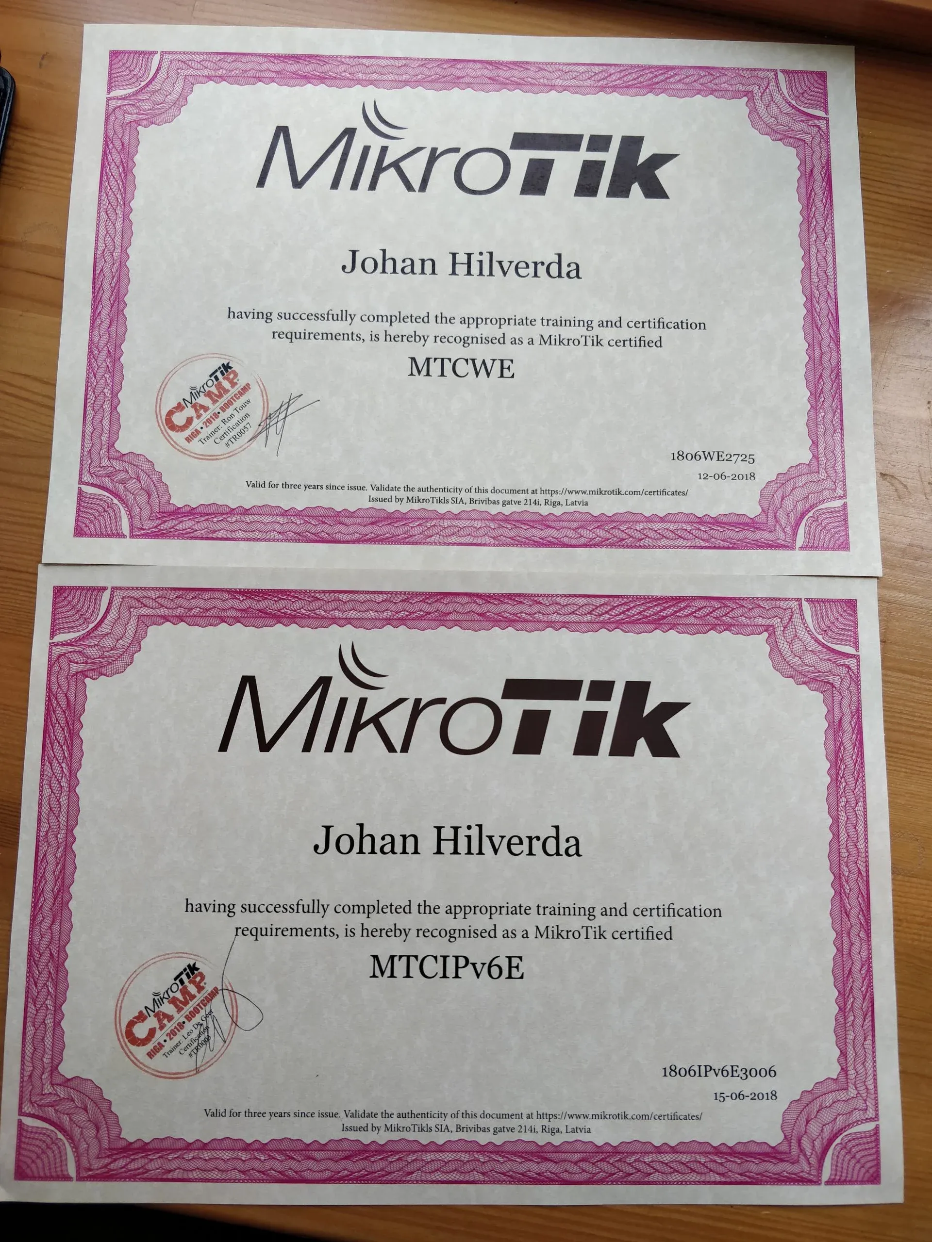 MTCWE en MTCIPv6E certificaten voor Johan Hilverda