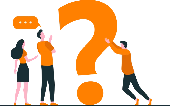 Illustratie van collega's die met elkaar in gesprek zijn rondom een groot vraagteken: leren door vragen te stellen